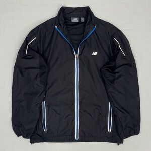 New Balance Track Jacket Mens Small Black Blue Windbreaker Reflective Run Y2K